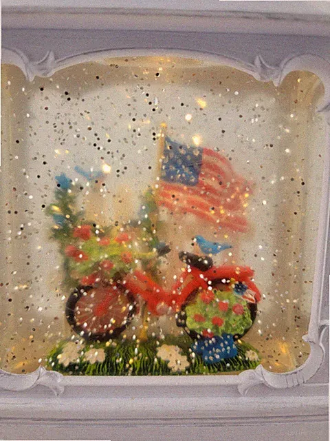 Lighted Glitter Swirl Water Snow Globe Lantern Red Bike American Flag Fence Bird