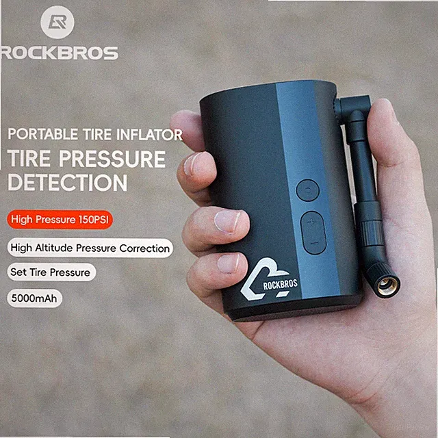 ROCKBRS Electric Bike Tire Pump 150PSI Mini Air Inflator Portable 5000mAh Type-C
